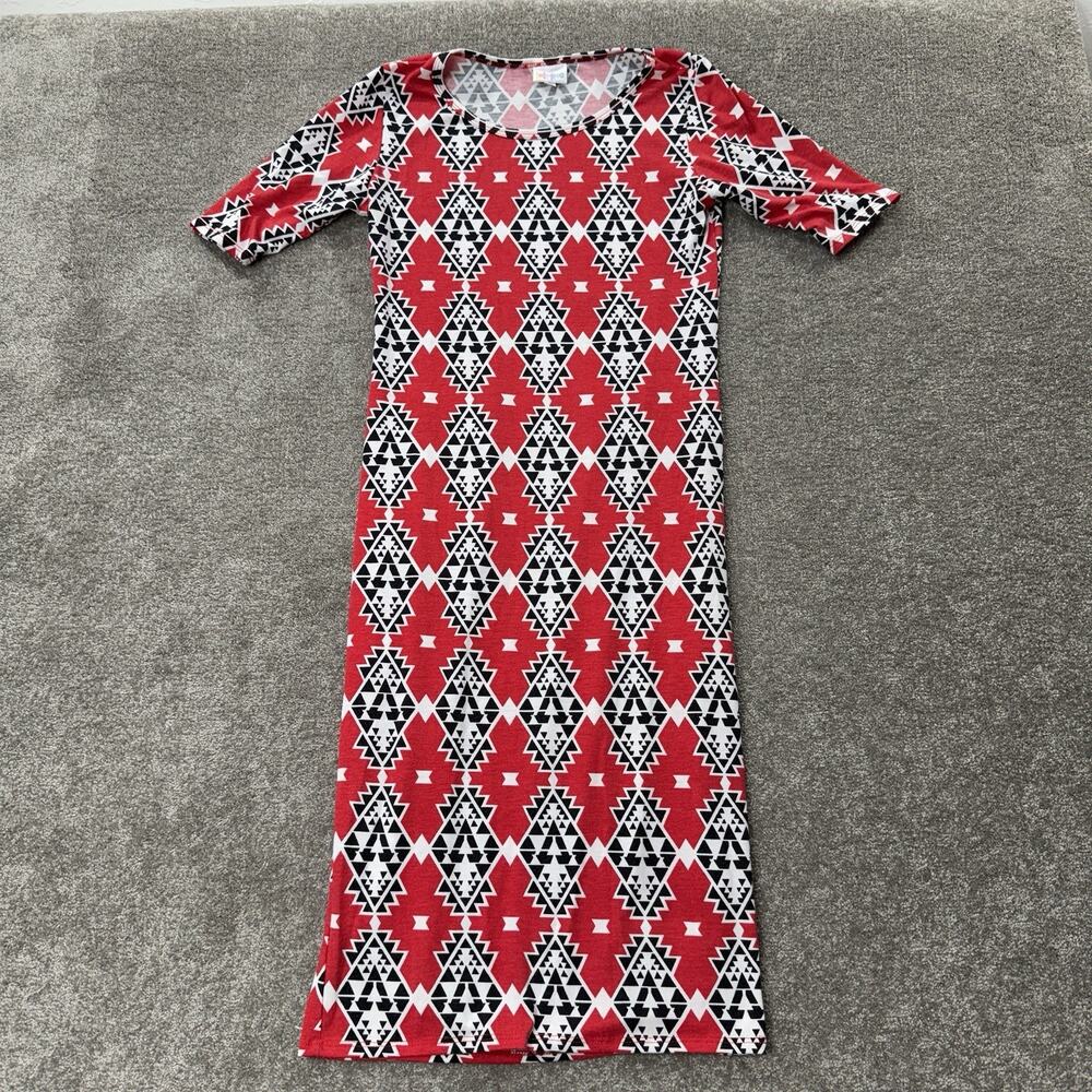 LuLaRoe XS Womens Bodycon Midi Dress Red‎ Black Geometric Tribal Print Stretch